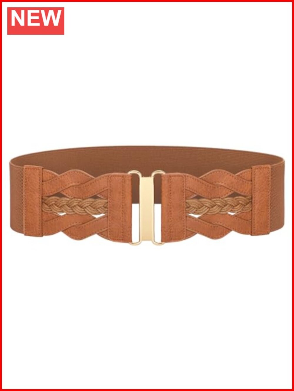 Women Wide Elastic Waist Belt Faux Leather Vintage Gold Buckle Dress